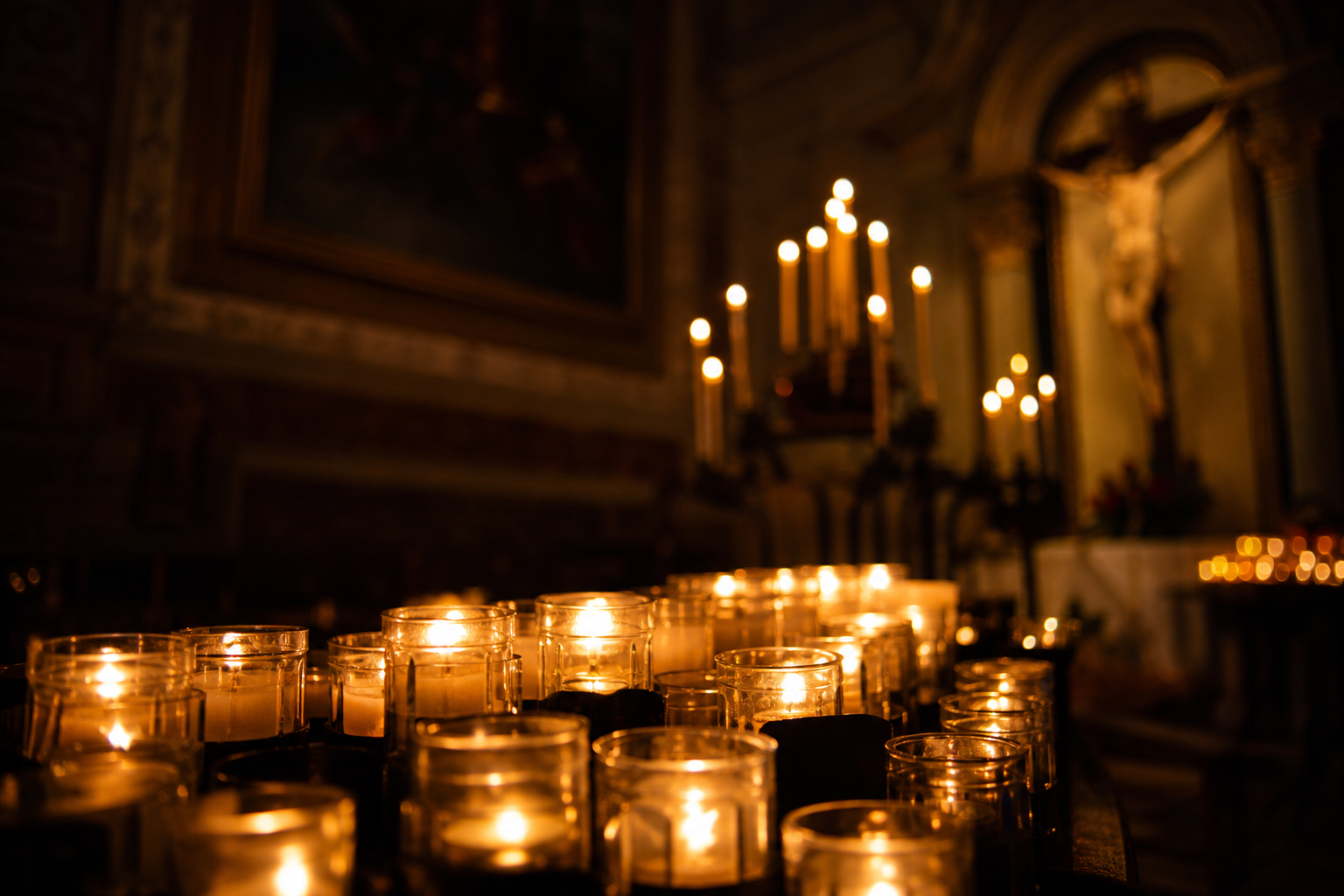 Velas acesas em oração na capela
